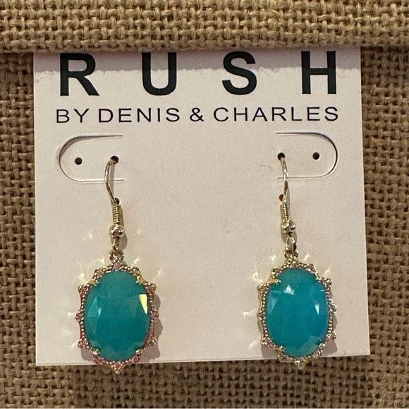 NWT RUSH by Denis & Charles earrings- gold tone dangle w/ teal oval faceted bead - Picture 1 of 6